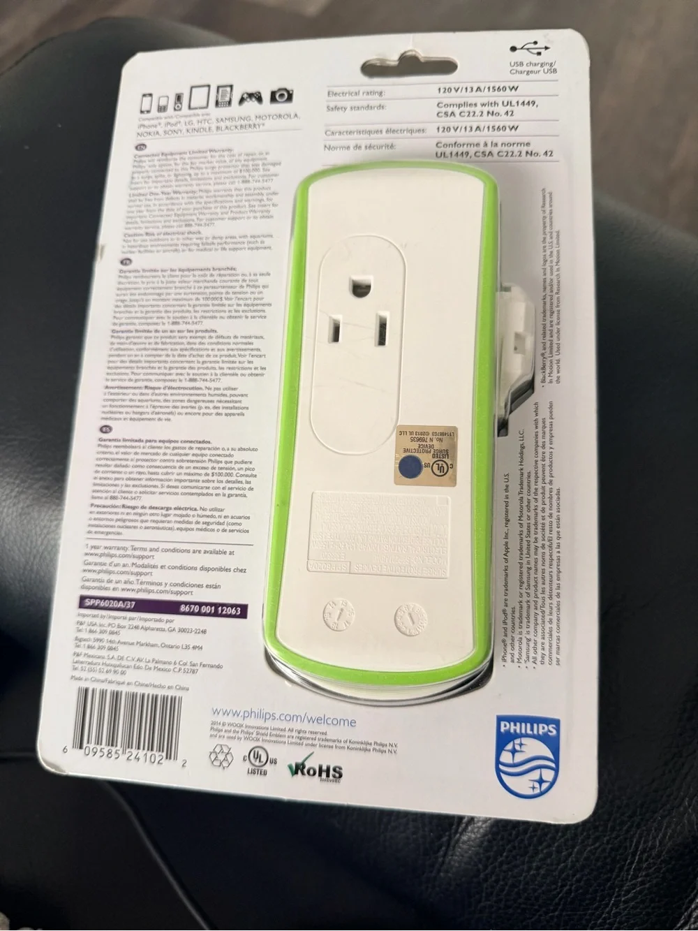 Philips White and Green Travel Surge Protector with Dual USB Ports